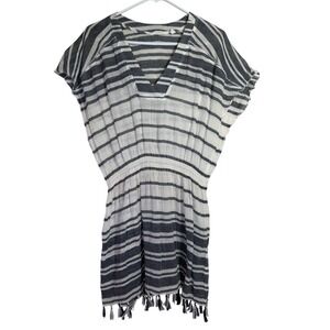 ATHLETA Striped Kaftan Cover Up Tassels V Neck Short Sleeve Beach Women M